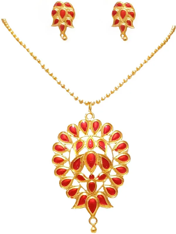 Assamese_Traditional_Gold_Plated_Red_Colour_Dugdugi_Chain_Jewellery_Set_For_Women